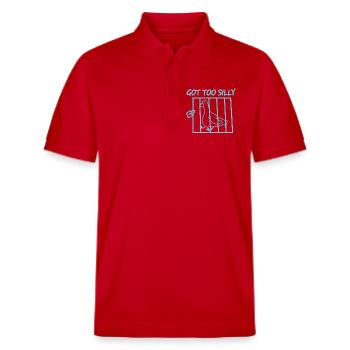 Oiseau en cage avec le texte Devenu trop bête - Polo PREPSTER bio Stanley/Stella Unisexe - rouge - Devant - Roxy (174cm) & Andy (188cm)