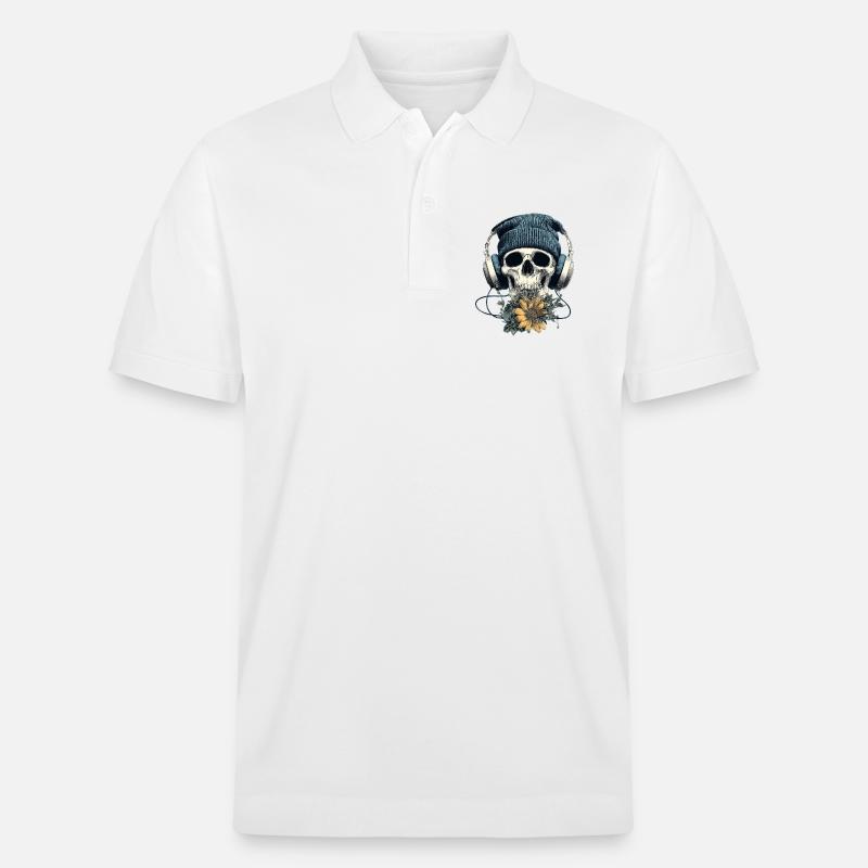 Schädel mit Kopfhörer und Blumen - Stanley/Stella Unisex Bio-Poloshirt PREPSTER - Weiß