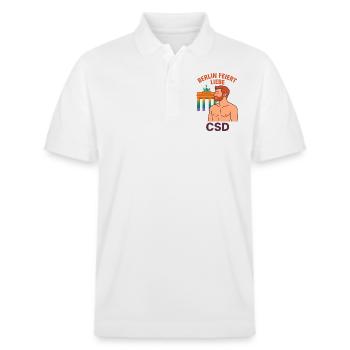 Berlin feiert Liebe CSD Mann - Stanley/Stella Unisex Bio-Poloshirt PREPSTER - Weiß - Vorne - Roxy (174cm) & Andy (188cm)