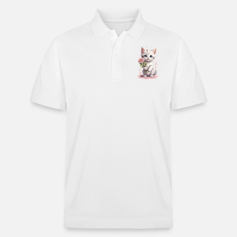 Chaton espiègle avec fleur - Aquarelle - Polo PREPSTER bio Stanley/Stella Unisexe - blanc