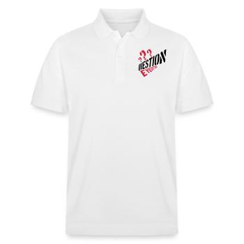 Verschwörung Question Everything - Stanley/Stella Unisex Bio-Poloshirt PREPSTER - Weiß - Vorne - Roxy (174cm) & Andy (188cm)