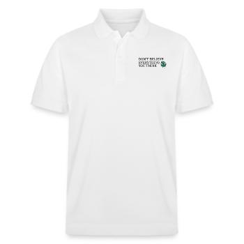 Don't believe everything you think - Stanley/Stella Unisex Bio-Poloshirt PREPSTER - Weiß - Vorne - Roxy (174cm) & Andy (188cm)