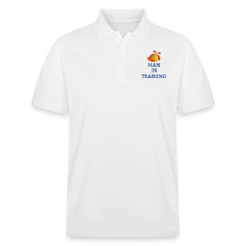 Mann im Training AI Bundy Shirt, AI Bundy No Ma Am - Stanley/Stella Unisex Bio-Poloshirt PREPSTER - Weiß - Vorne - Roxy (174cm) & Andy (188cm)