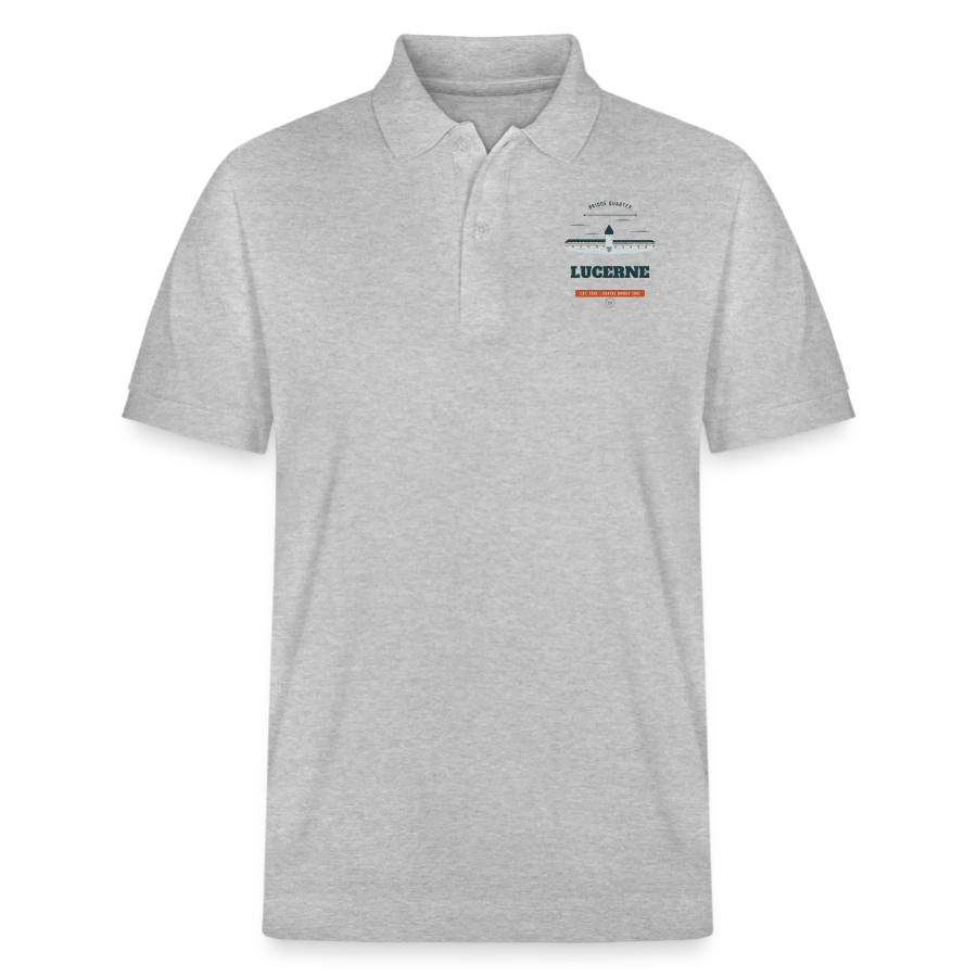 Lucerne badge on a stanley/stella unisex organic polo shirt prepster, heather grey