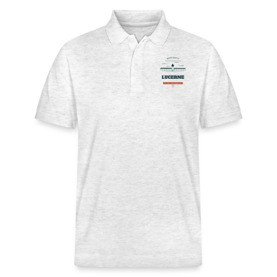 Lucerne badge on a stanley/stella unisex organic polo shirt prepster, heather white