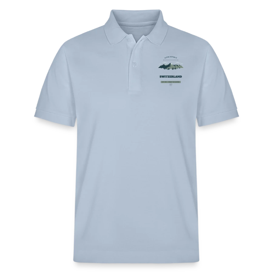 Switzerland badge on a stanley/stella unisex organic polo shirt prepster, sky blue