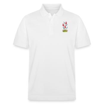 Mohnkapsel Zeichnung abstrakt bunt, Hingucker - Stanley/Stella Unisex Bio-Poloshirt PREPSTER - Weiß - Vorne - Roxy (174cm) & Andy (188cm)
