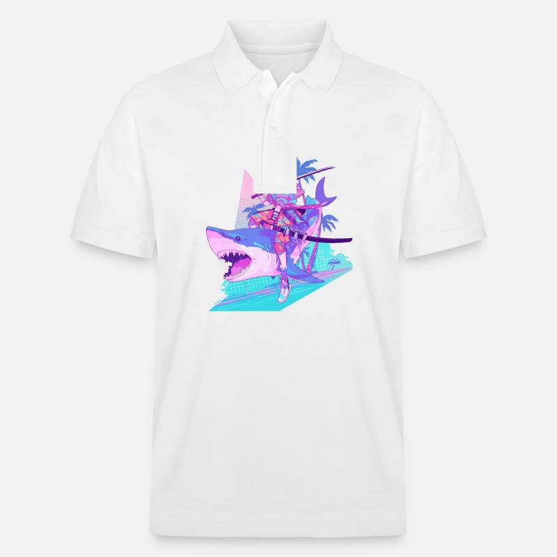 Samurai Katze auf einem Haifisch 80s - Stanley/Stella Unisex Bio-Poloshirt PREPSTER - Weiß