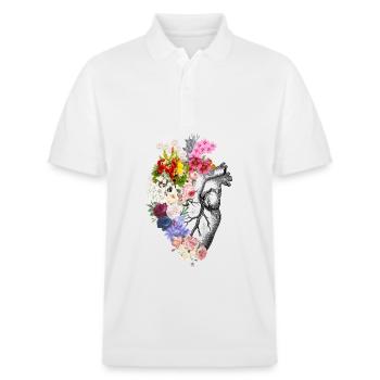 Florales anatomisches Herz - Stanley/Stella Unisex Bio-Poloshirt PREPSTER - Weiß - Vorne - Roxy (174cm) & Andy (188cm)