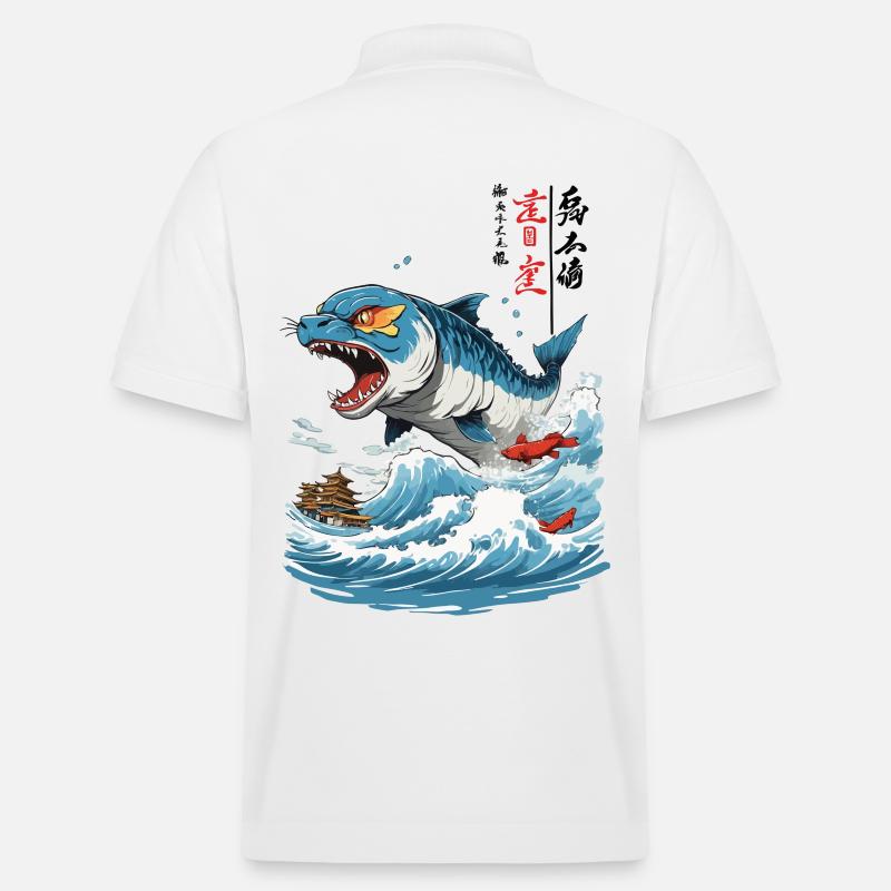 Ukiyo-E Poisson Monstre Style Vintage - Polo PREPSTER bio Stanley/Stella Unisexe - blanc