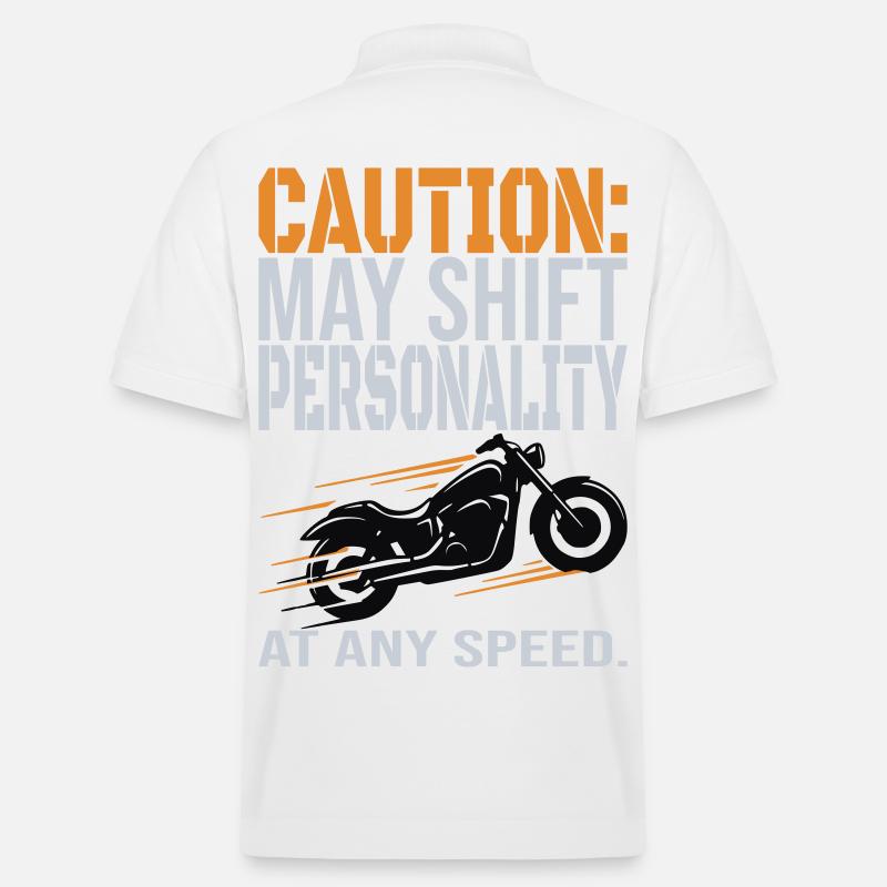 Caution – Personality Shift Biker Design - Stanley/Stella Unisex Organic Polo Shirt PREPSTER - white