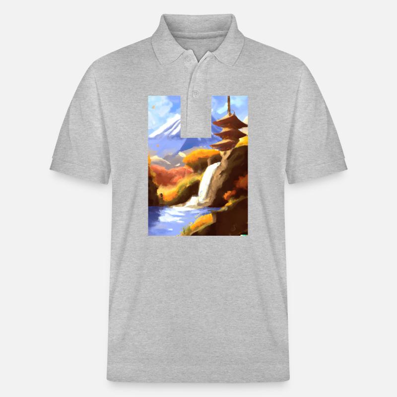 Japan Tower Wasserfall Gemälde - Stanley/Stella Unisex Bio-Poloshirt PREPSTER - Grau meliert