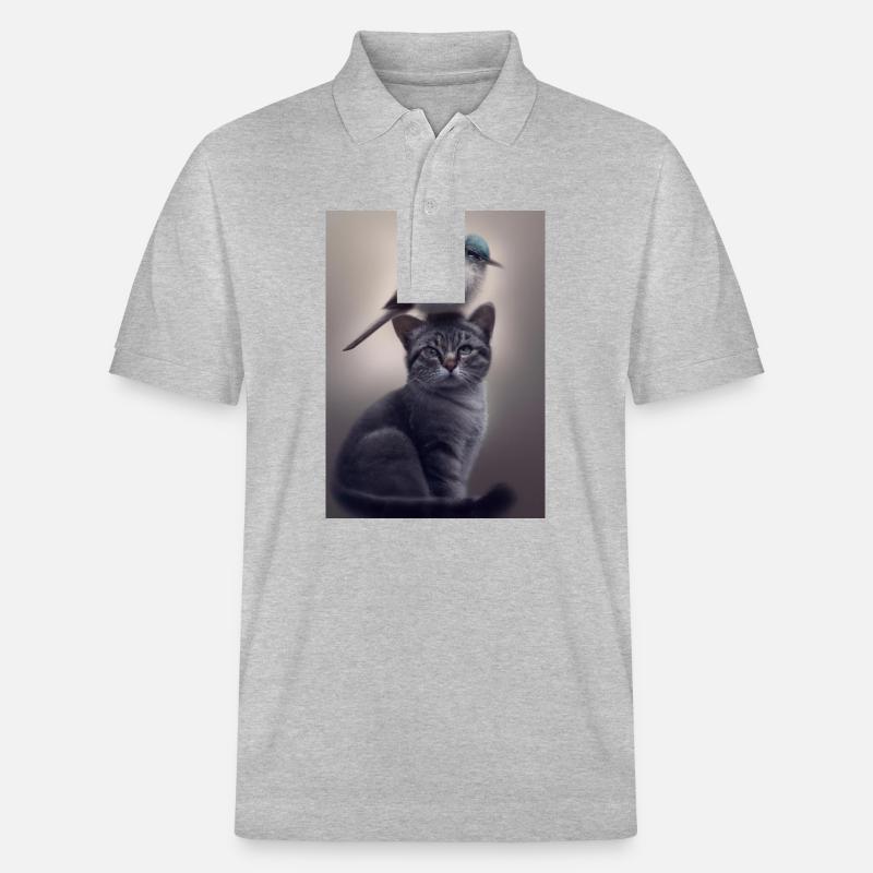 Vogel sitzt auf Katze - Stanley/Stella Unisex Bio-Poloshirt PREPSTER - Grau meliert