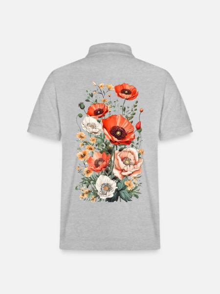 Beautiful Boho Poppy Herbarium Bouquet - Stanley/Stella Unisex Organic Polo Shirt PREPSTER - heather grey