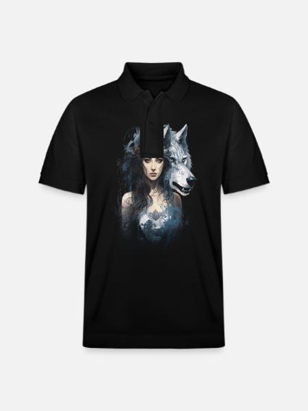 Wolf and Woman Fantasy Artwork Mythology - Stanley/Stella Unisex Organic Polo Shirt PREPSTER - black