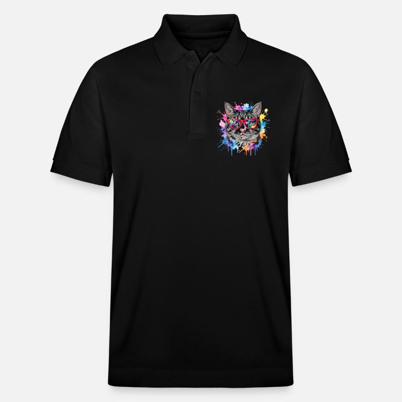 Katzengesicht im Regenbogen-Aquarell Geschenk - Stanley/Stella Unisex Bio-Poloshirt PREPSTER - Schwarz