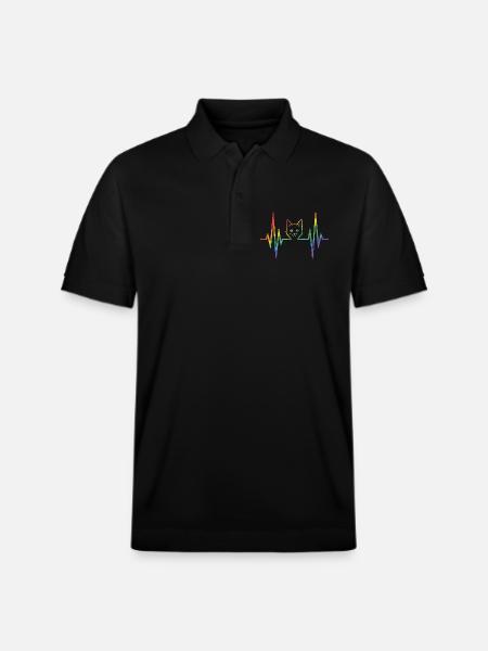 Rainbow cat with pulse heart line - Stanley/Stella Unisex Organic Polo Shirt PREPSTER - black