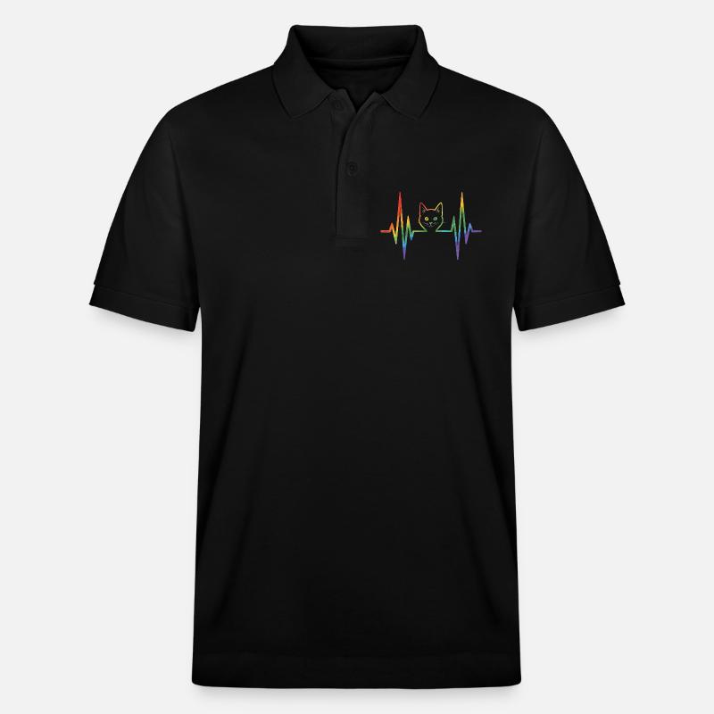 Regenbogenkatze mit Pulsherzlinie - Stanley/Stella Unisex Bio-Poloshirt PREPSTER - Schwarz