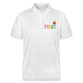 Hello First Grade Back To School - Stanley/Stella Unisex Bio-Poloshirt PREPSTER - Weiß meliert - Vorne - Roxy (174cm) & Andy (188cm)