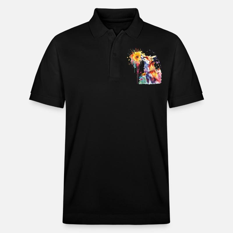 Fuchs mit Aquarellblume, Fuchs - Stanley/Stella Unisex Bio-Poloshirt PREPSTER - Schwarz