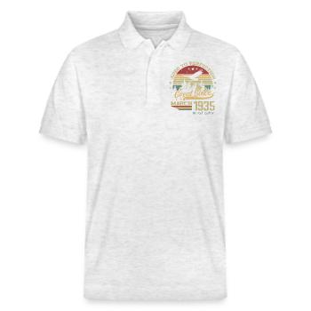 89 years old Aged to Perfection born in March 1935 - Stanley/Stella Unisex Organic Polo Shirt PREPSTER - heather white - Front - Roxy (174cm) & Andy (188cm)