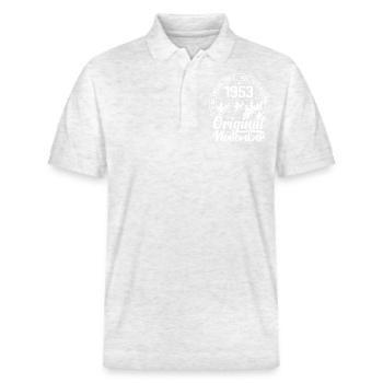 November 1953 Original 71 Jahre altes Geburtstagsgeschenk - Stanley/Stella Unisex Bio-Poloshirt PREPSTER - Weiß meliert - Vorne - Roxy (174cm) & Andy (188cm)