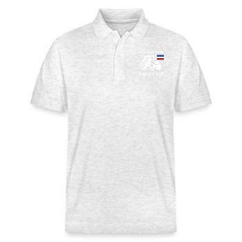 Unterstützt die Bauern! Bauernprotest-T-Shirt - Stanley/Stella Unisex Bio-Poloshirt PREPSTER - Weiß meliert - Vorne - Roxy (174cm) & Andy (188cm)