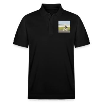 Woman cyclist in motion on a straight asphalt road - Stanley/Stella Unisex Organic Polo Shirt PREPSTER - black - Front - Roxy (174cm) & Andy (188cm)