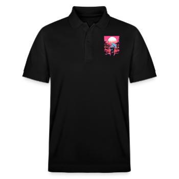 Synthwave Panda with umbrella - Stanley/Stella Unisex Bio-Poloshirt PREPSTER - Schwarz - Vorne - Roxy (174cm) & Andy (188cm)