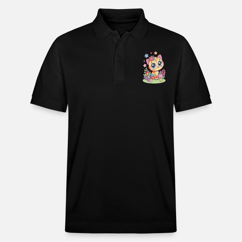 Regenbogen Katze mit Blumen - Stanley/Stella Unisex Bio-Poloshirt PREPSTER - Schwarz