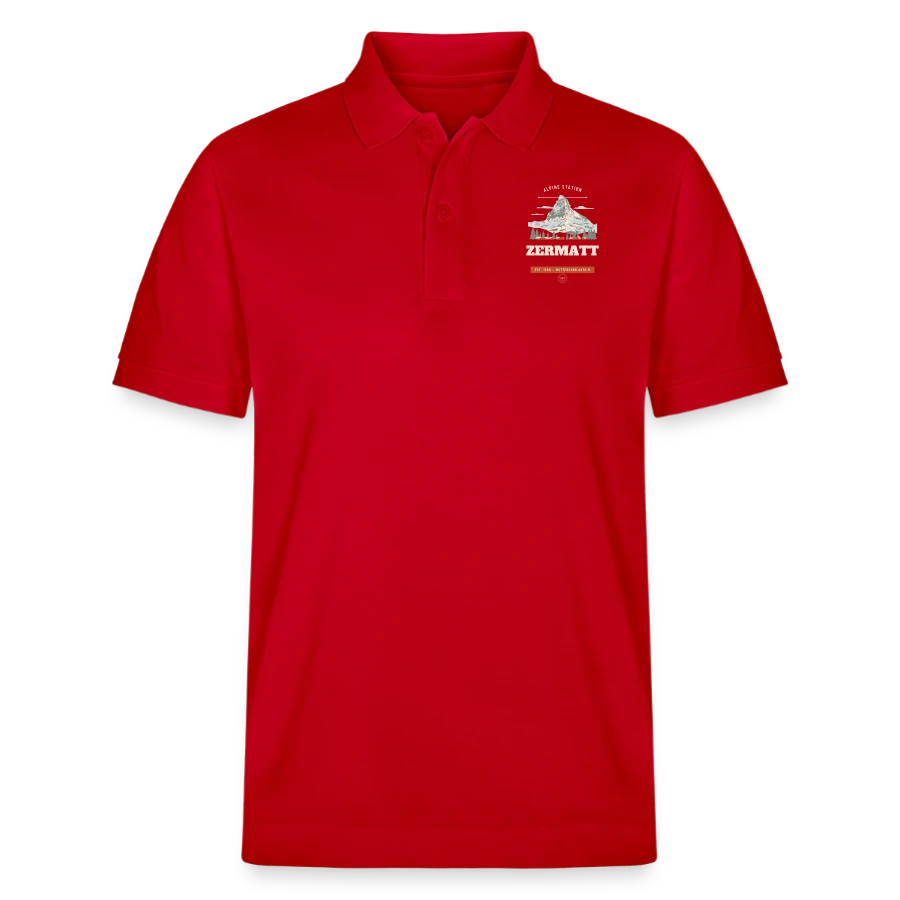 Zermatt badge on a stanley/stella unisex organic polo shirt prepster, red