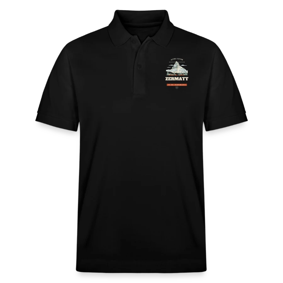 Zermatt badge on a stanley/stella unisex organic polo shirt prepster, black
