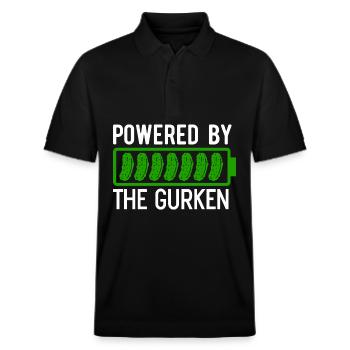 Powered by the Gurken eine Batterie mit Gurken - Stanley/Stella Unisex Bio-Poloshirt PREPSTER - Schwarz - Vorne - Roxy (174cm) & Andy (188cm)
