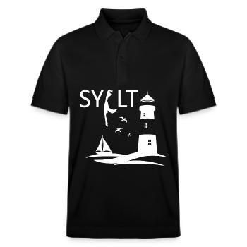 Ein Leuchtturm mit Möwen und Insel Karte von Sylt - Stanley/Stella Unisex Bio-Poloshirt PREPSTER - Schwarz - Vorne - Roxy (174cm) & Andy (188cm)