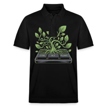 ctrl alt plant Garten Design - Stanley/Stella Unisex Bio-Poloshirt PREPSTER - Schwarz - Vorne - Roxy (174cm) & Andy (188cm)