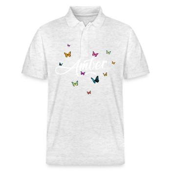 AMBER - Nom de fille avec des papillons colorés - Polo PREPSTER bio Stanley/Stella Unisexe - blanc chiné - Devant - Roxy (174cm) & Andy (188cm)