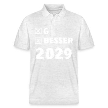 Year 2029 - Stanley/Stella Unisex Organic Polo Shirt PREPSTER - heather white - Front - Roxy (174cm) & Andy (188cm)