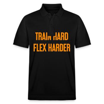 Train Hard Flex Harder - Stanley/Stella Unisex Bio-Poloshirt PREPSTER - Schwarz - Vorne - Roxy (174cm) & Andy (188cm)