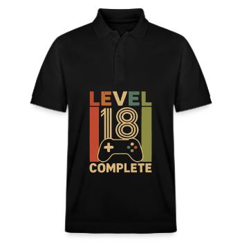 Level 18 Completed Gamer Geburtstagsdesign - Stanley/Stella Unisex Bio-Poloshirt PREPSTER - Schwarz - Vorne - Roxy (174cm) & Andy (188cm)
