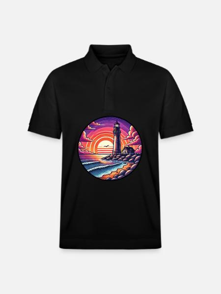 Lighthouse Sunset Ocean Sea - Stanley/Stella Unisex Organic Polo Shirt PREPSTER - black