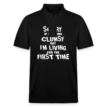 Sorry, I'm living the first time funny quote - Stanley/Stella Unisex Organic Polo Shirt PREPSTER - black - Front - Roxy (174cm) & Andy (188cm)