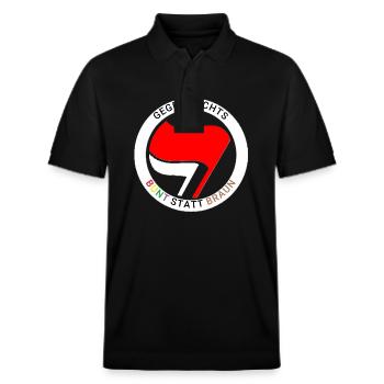 Antifa - Bunt statt Braun - weißer Ring - Stanley/Stella Unisex Bio-Poloshirt PREPSTER - Schwarz - Vorne - Roxy (174cm) & Andy (188cm)
