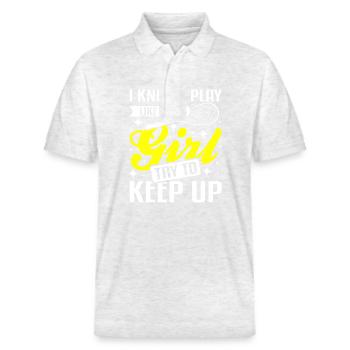 Play like a girl try to keep up Squash Game - Stanley/Stella Unisex Bio-Poloshirt PREPSTER - Weiß meliert - Vorne - Roxy (174cm) & Andy (188cm)