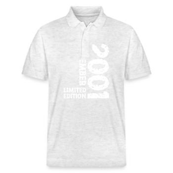 2001 Dezember Limited Edition 22. Geburtstag Deko - Stanley/Stella Unisex Bio-Poloshirt PREPSTER - Weiß meliert - Vorne - Roxy (174cm) & Andy (188cm)