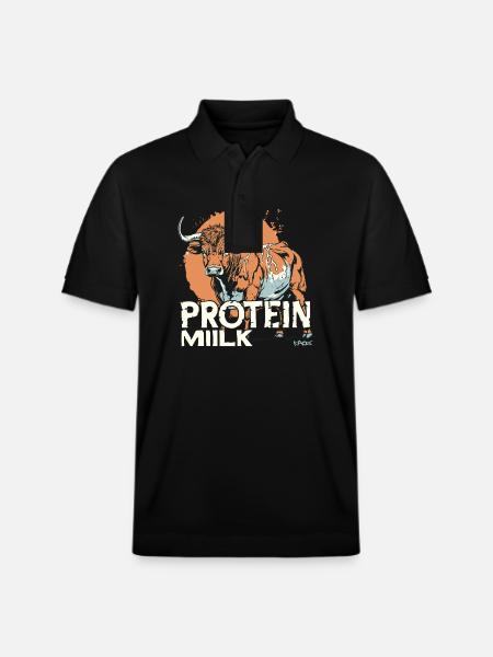 Tegneserieko med teksten: Proteinmælk - Stanley/Stella PREPSTER økologisk unisex poloshirt - sort