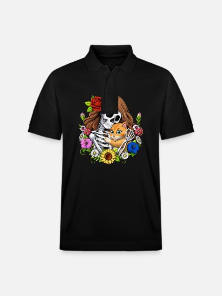 Skeleton Cat Floral - Stanley/Stella Unisex Organic Polo Shirt PREPSTER - black