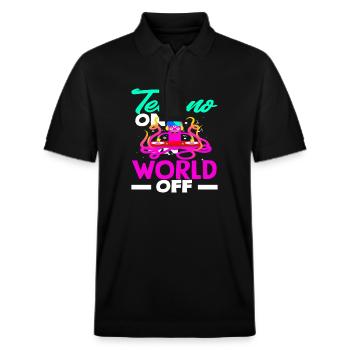 Techno Lover: Techno On World Off - Stanley/Stella Unisex Bio-Poloshirt PREPSTER - Schwarz - Vorne - Roxy (174cm) & Andy (188cm)