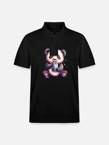 Niedlicher Panda mit Tee - Stanley/Stella Unisex Bio-Poloshirt PREPSTER - Schwarz