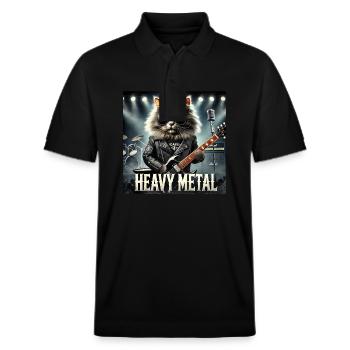 Heavy Metal Katze mit Gitarre - Stanley/Stella Unisex Bio-Poloshirt PREPSTER - Schwarz - Vorne - Roxy (174cm) & Andy (188cm)