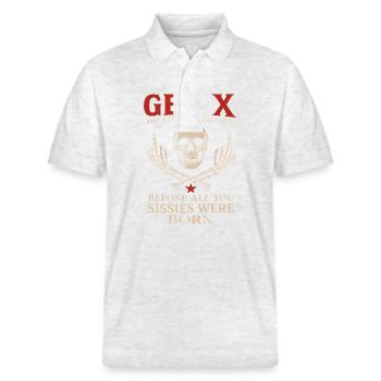 Gen X Skull Oldschool Legend - Stanley/Stella Unisex Organic Polo Shirt PREPSTER - heather white - Front - Roxy (174cm) & Andy (188cm)